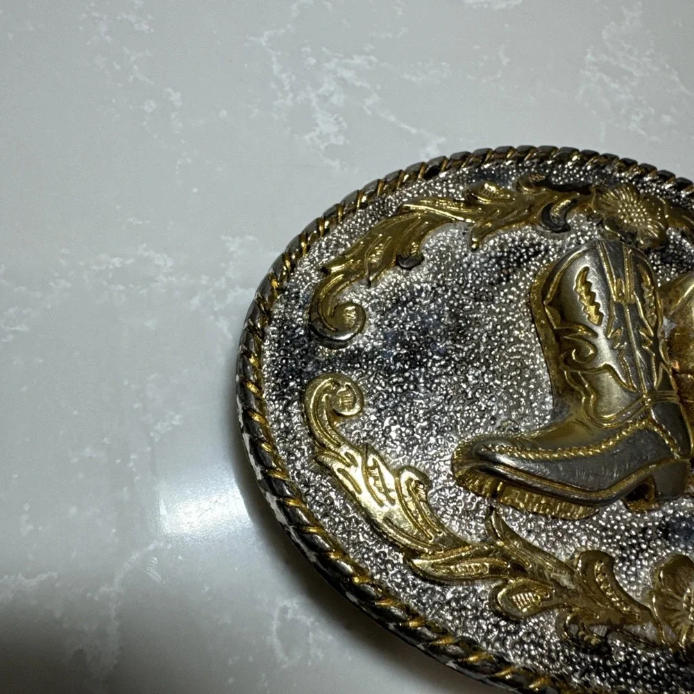 Cowboy Boot Belt Buckle Two Tone Oval Rodeo Wear